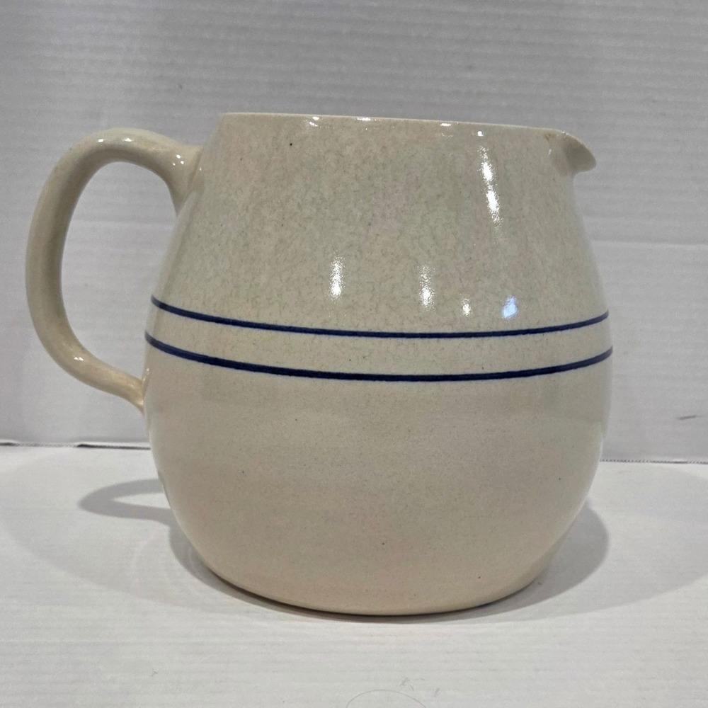 Casey Pottery Marshall Texas Stoneware Pitcher Cream Blue Stripes Handmade 7.5"